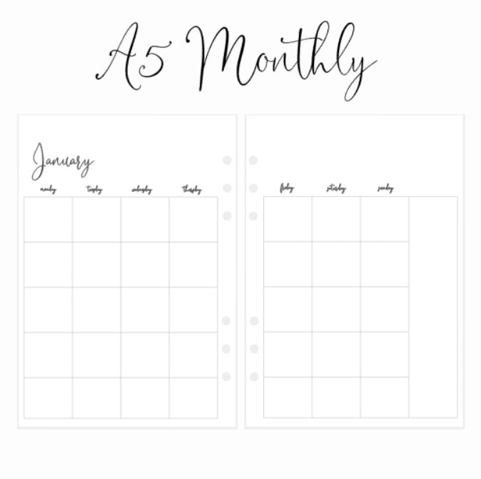 Monthly Layout | A5 Rings Planner Insert