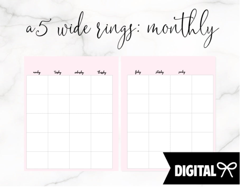 A5 Wide Rings PRINTABLE // Pink Monthly Undated