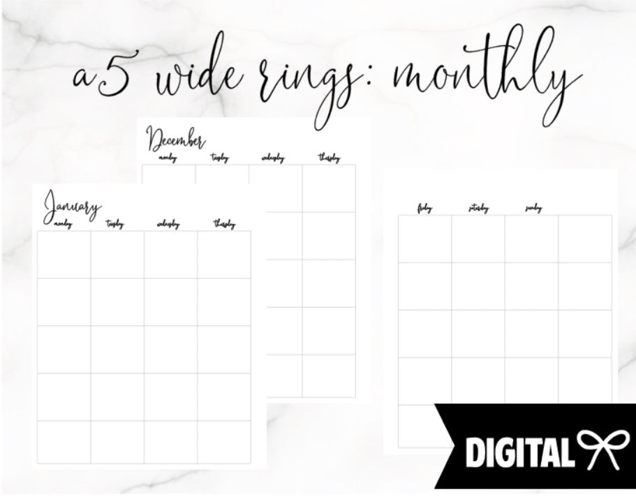 A5 Wide Rings PRINTABLE // Monthly Jan-Dec Undated