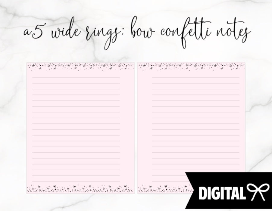 A5 Wide Rings PRINTABLE // Bow Confetti Notes PINK
