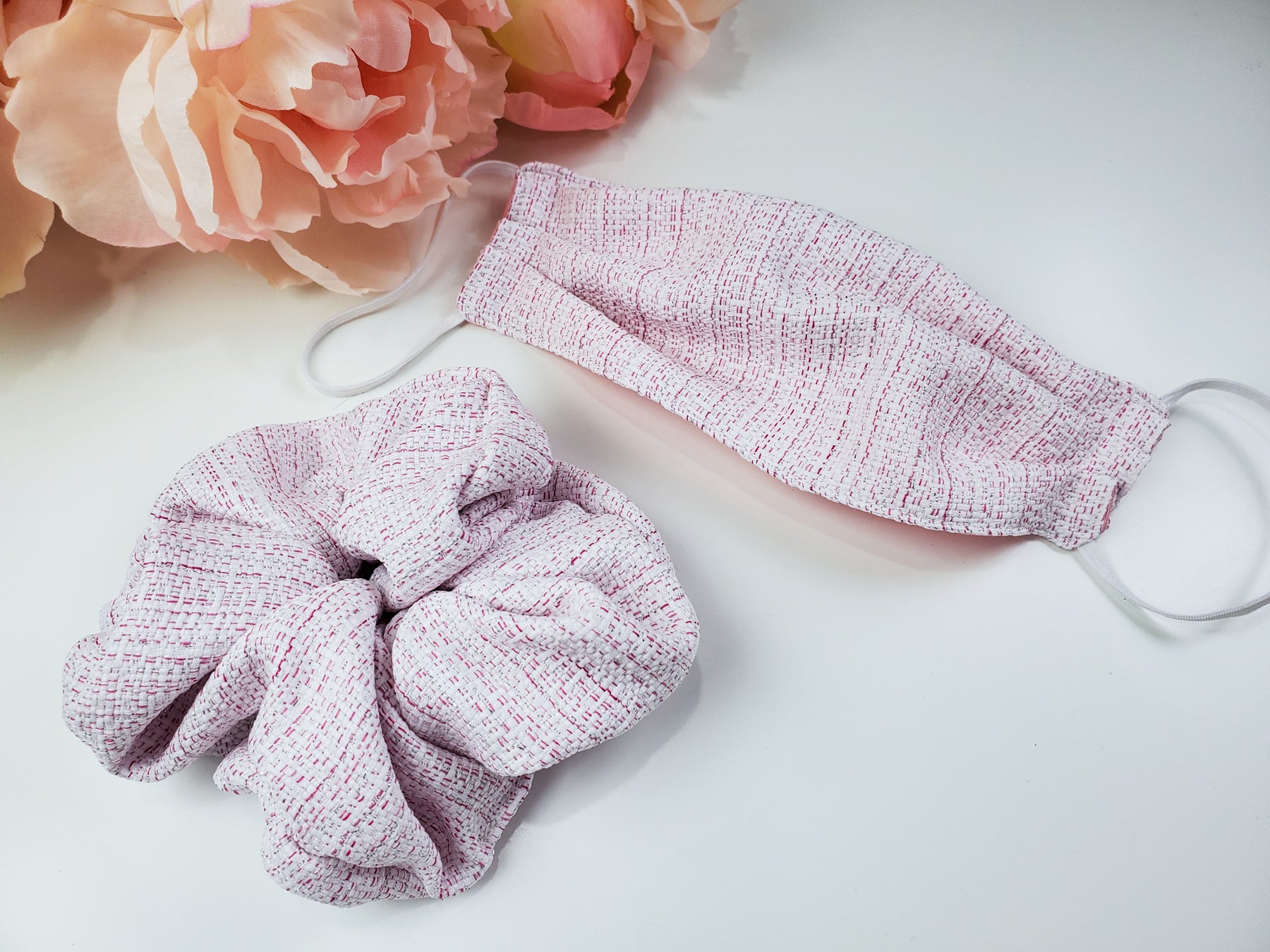 Pink Tweed Scrunchie & Mask